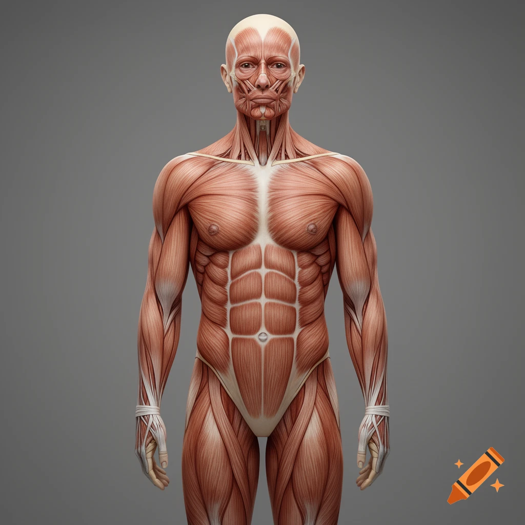 Photorealistic anatomical model of a male human muscular system, frontal view against a gray background.