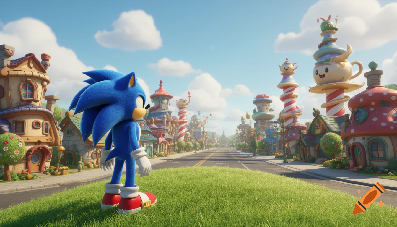 Sonic the Hedgehog stands on a grassy hill, looking at a vibrant street lined with whimsical, cartoon-like houses under a sunny sky.