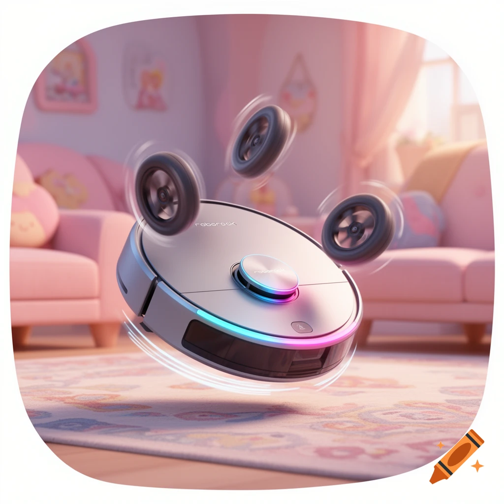 A cartoon-style robot vacuum cleaner with its wheels detached and flailing in the air, floating above a rug in a pink room.
