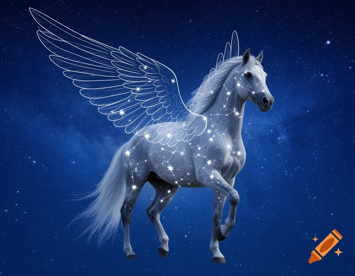 A majestic white Pegasus, its body outlined with glowing white constellation lines and stars, against a deep blue starry night sky.