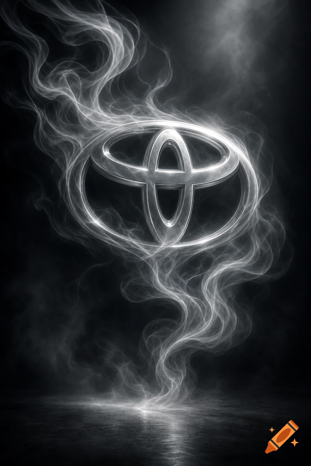 A silvery Toyota logo emerges from swirling white smoke against a dark background, reflecting on a wet surface.