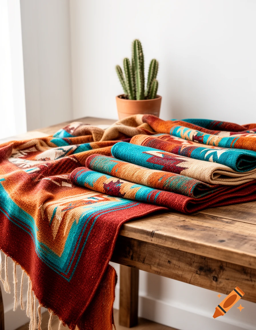 Colorful Southwestern patterned blankets folded on a rustic wooden table with a potted cactus.