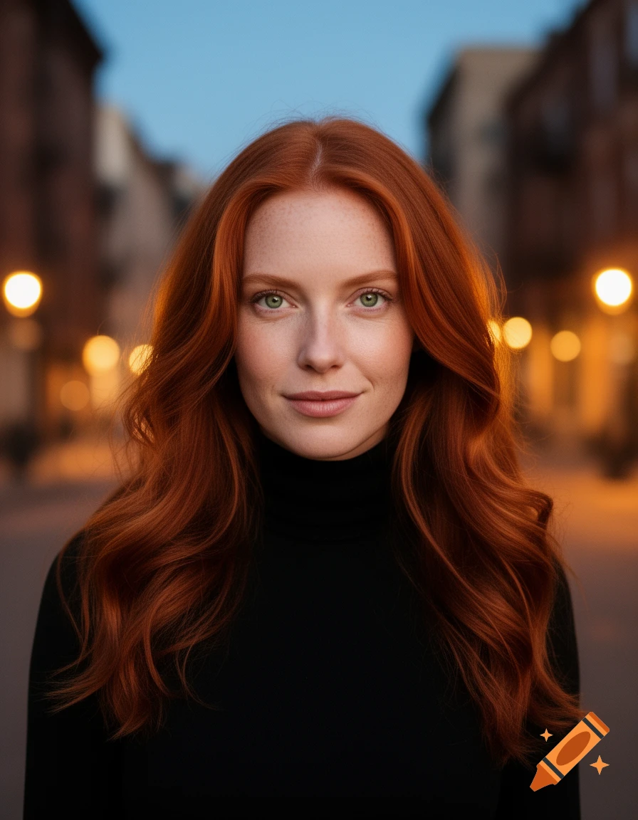 A photorealistic portrait of a young woman with long wavy red hair, green eyes, wearing a black turtleneck, against blurry city lights.