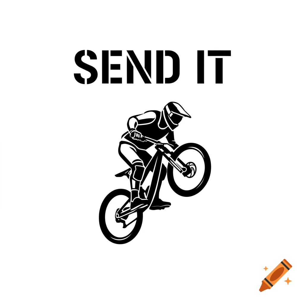 Black and white stencil graphic of a mountain biker doing a wheelie with 'SEND IT' text.