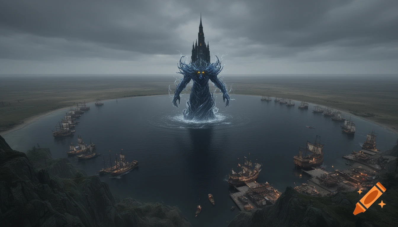 A digital painting from a high peak shows a massive water elemental in a dark lake, surrounded by a fleet of warships near the shore under an overcast sky.