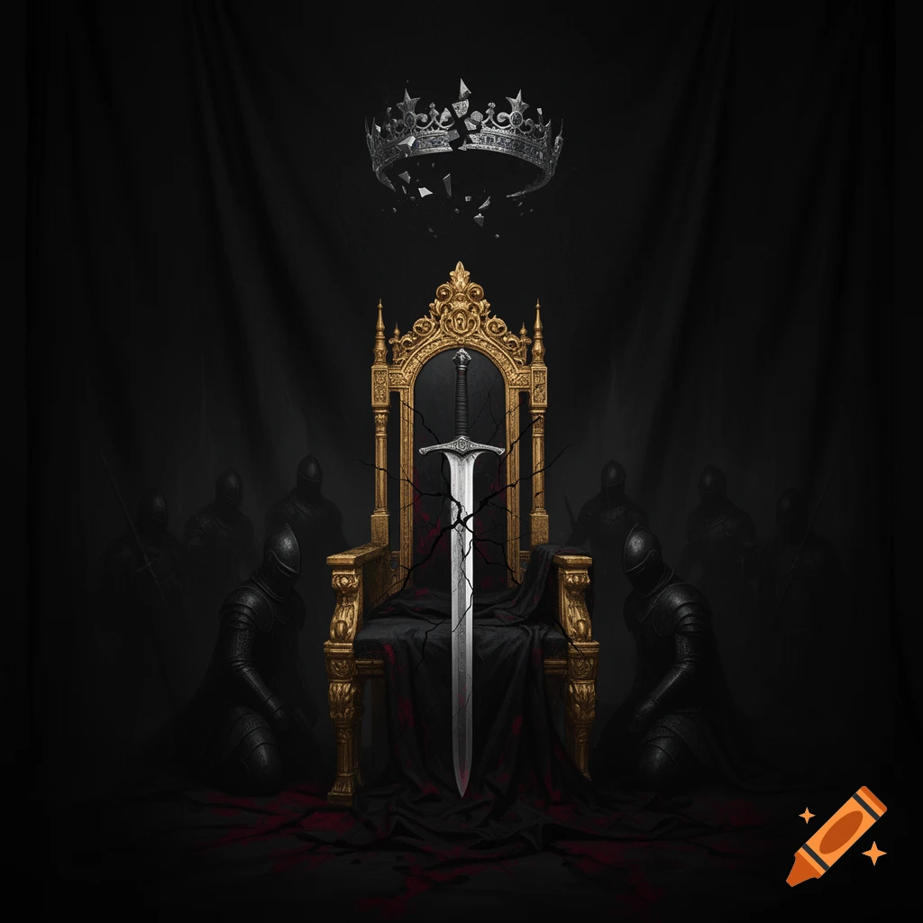 A shattered golden throne with a sword plunged into it, a broken silver crown floats above, and shadowy knights kneel in a dark, dramatic setting with red splatters on the ground.
