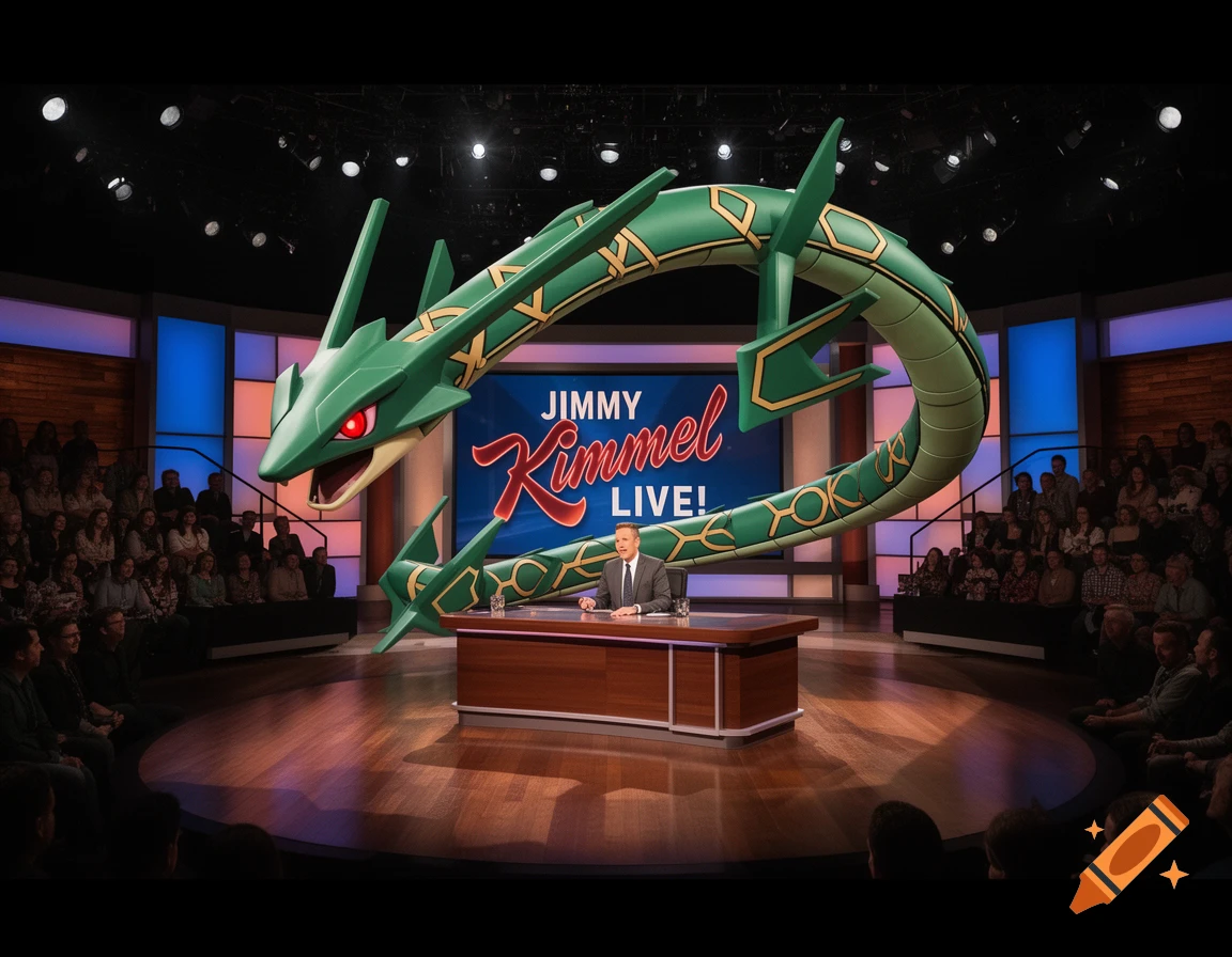 A large green Rayquaza Pokémon looms over Jimmy Kimmel sitting at his desk on the set of "Jimmy Kimmel Live!"