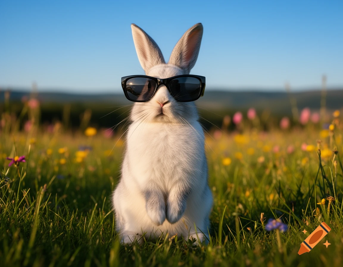 A photorealistic image of a white rabbit wearing black sunglasses, standing in a sunny grassy field with colorful wildflowers.