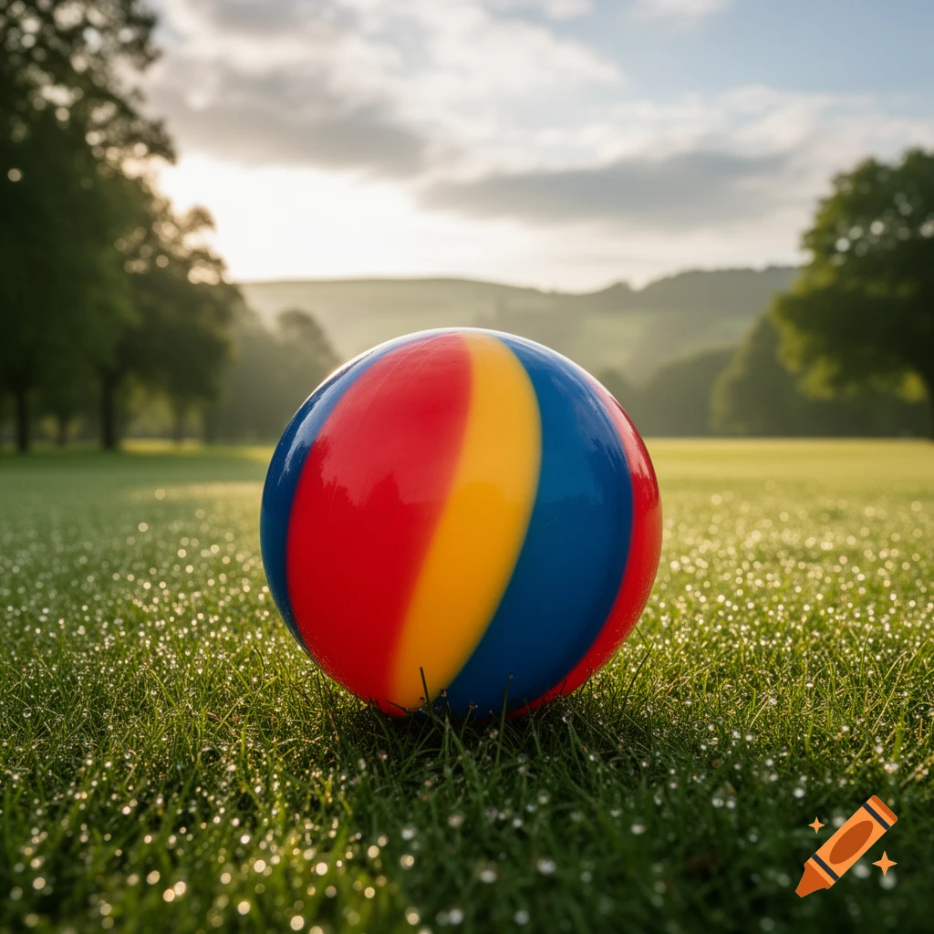 A colorful beach ball sits in dewy green grass with a sunny landscape in the background, bathed in soft light.
