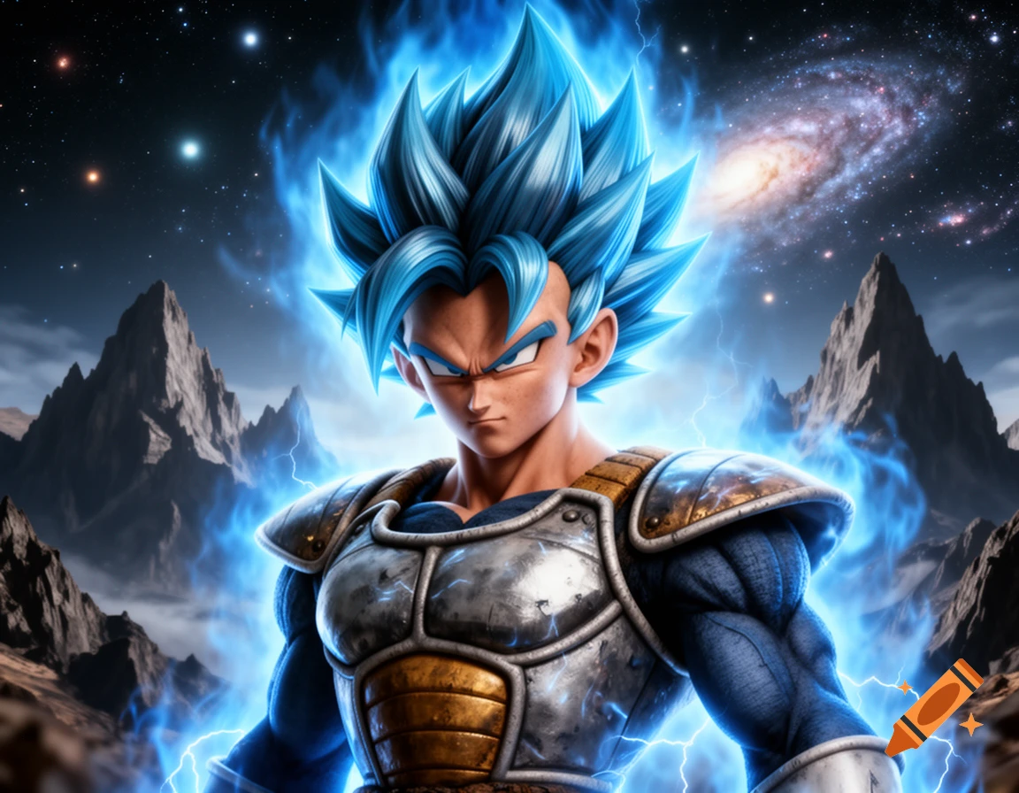 Vegeta in Super Saiyan Blue form, emanating blue energy and lightning against a starry night sky with a galaxy and mountains.
