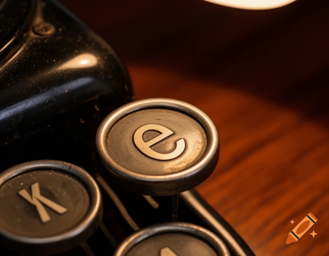 Close-up of a vintage typewriter key displaying the letter 'e', with other keys and parts of the machine in the background.