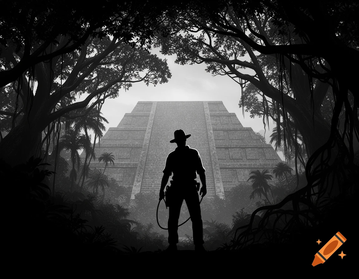 Silhouette of an adventurer, like Indiana Jones, standing in a jungle, facing a large ancient pyramid under a bright sky.