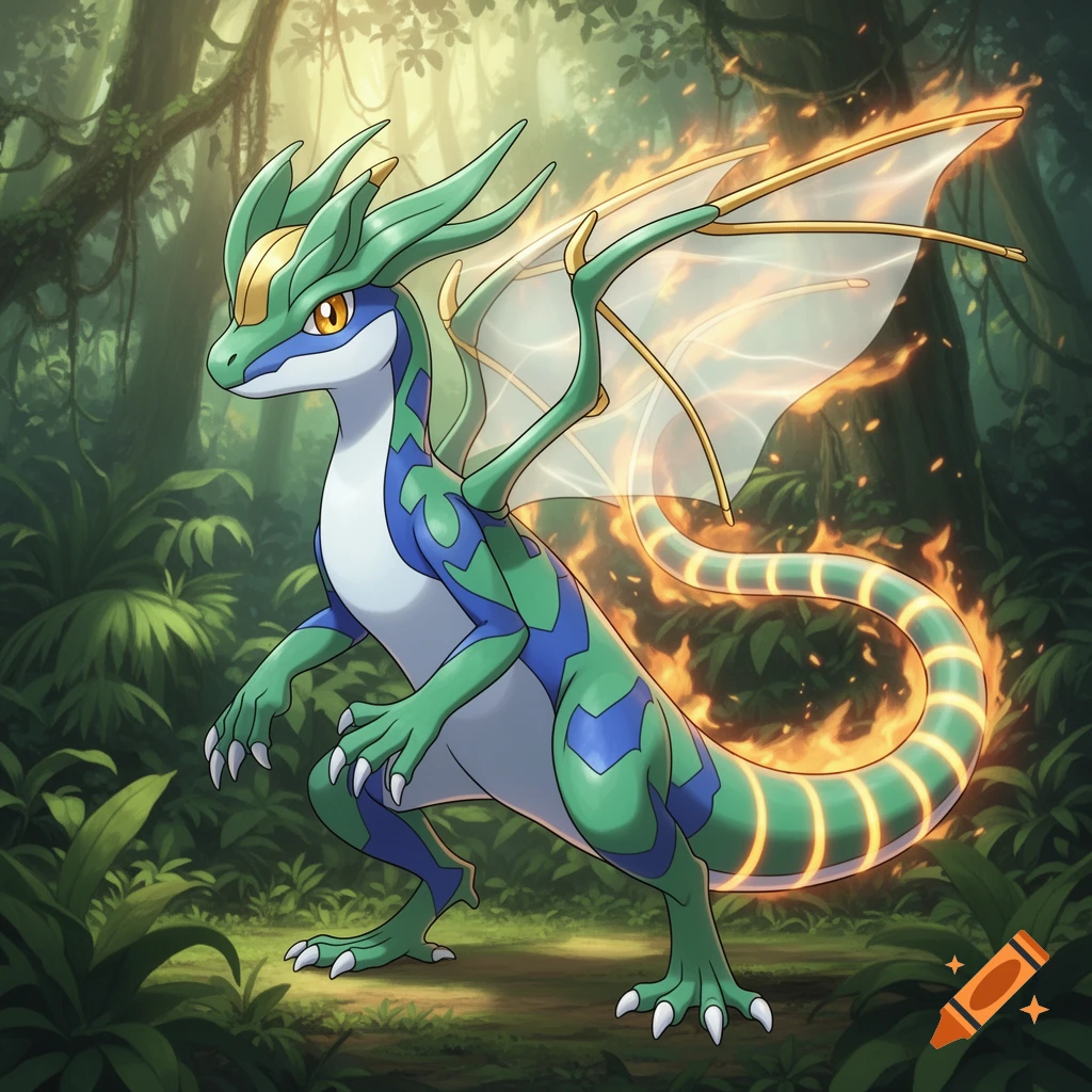 A green and blue reptile Pokémon with gold accents, clear wings, and a fiery tail stands in a lush jungle.