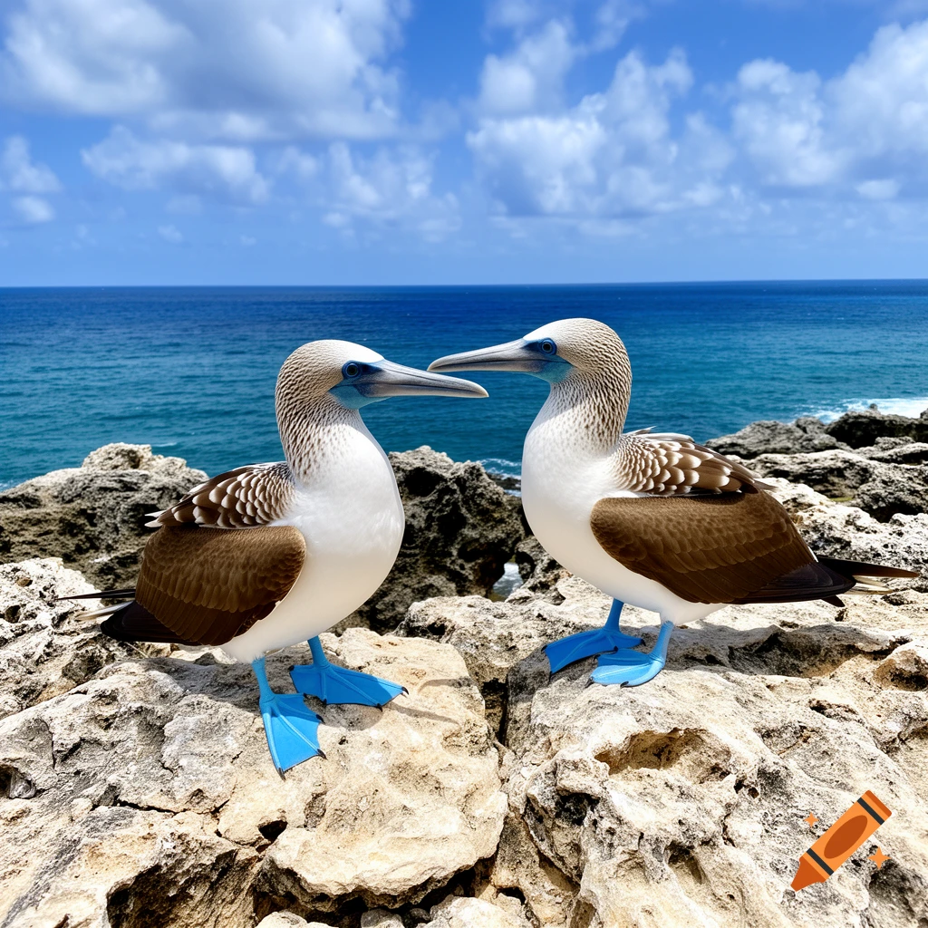 Two blue-footed boobies stand on sunlit rocks overlooking a calm blue ocean under a partly cloudy sky, photorealistic.