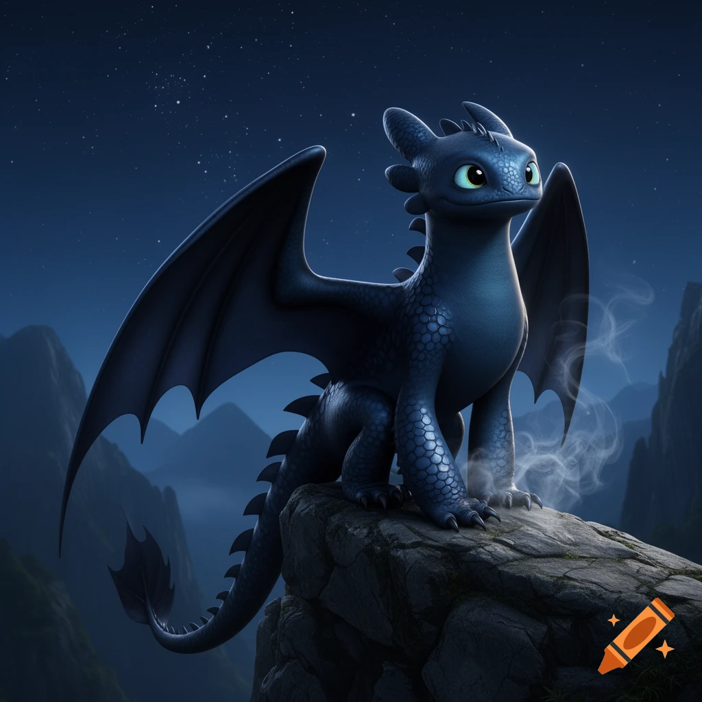 A stylized blue Night Fury dragon perches on a rocky peak at night, with mountains and a starry sky in the background.