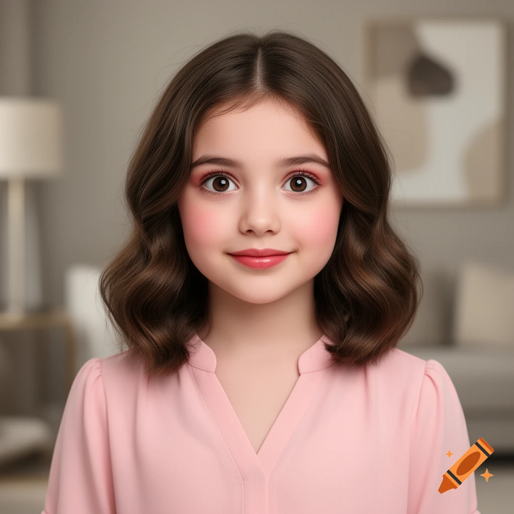 Close-up portrait of a young girl with brown wavy hair, big brown eyes, and pink blush, wearing a pink blouse.