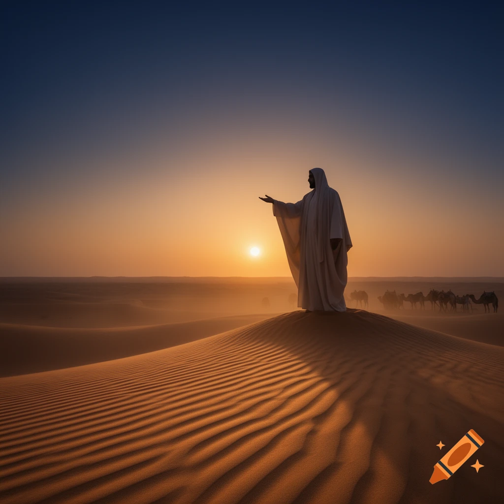 A robed figure stands on a sand dune, arm outstretched, gazing at a vibrant desert sunset with camels in the distance.