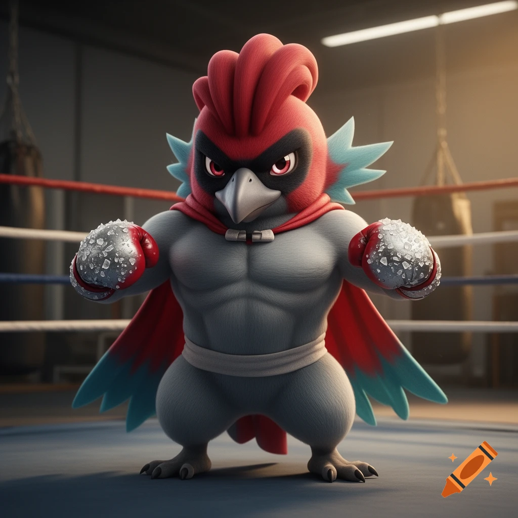 A muscular, cartoonish bird character with a red crest, black mask, and red cape, wearing boxing gloves covered in white crystals, stands in a boxing ring.