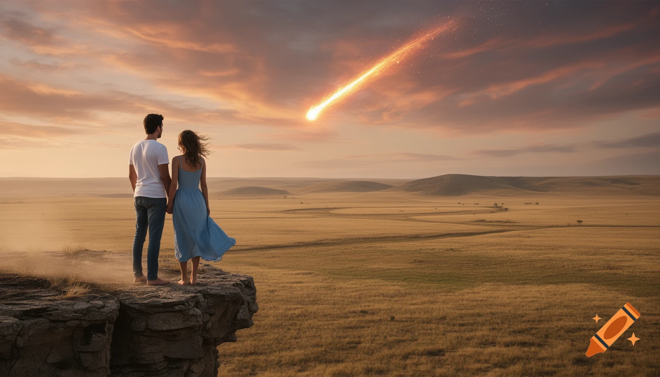 A couple holding hands on a rocky cliff, looking at a fiery meteorite descending over a vast dry prairie at sunset.