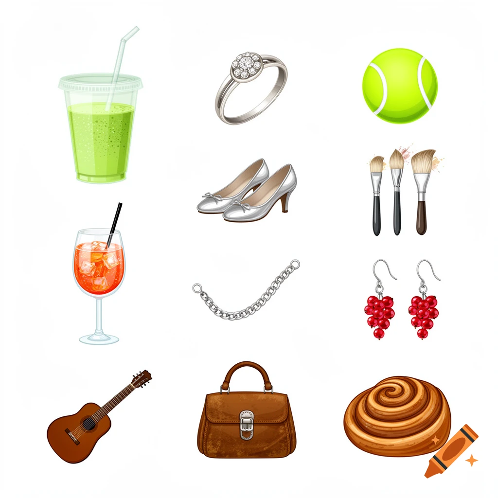 A grid of illustrations featuring a green smoothie, diamond ring, tennis ball, silver heels, makeup brushes, cocktail, silver chain, red berry earrings, guitar, brown handbag, and cinnamon bun.