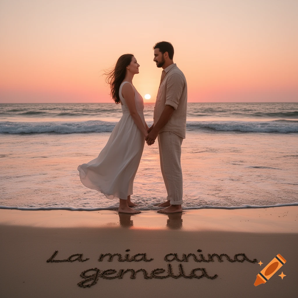 A couple holds hands on a beach at sunset, with 'La mia anima gemella' written in the sand.