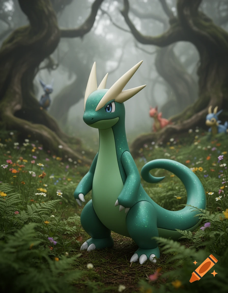 A shiny green reptilian Pokémon creature with yellow horns stands in a misty magical forest with other small Pokémon in the background.