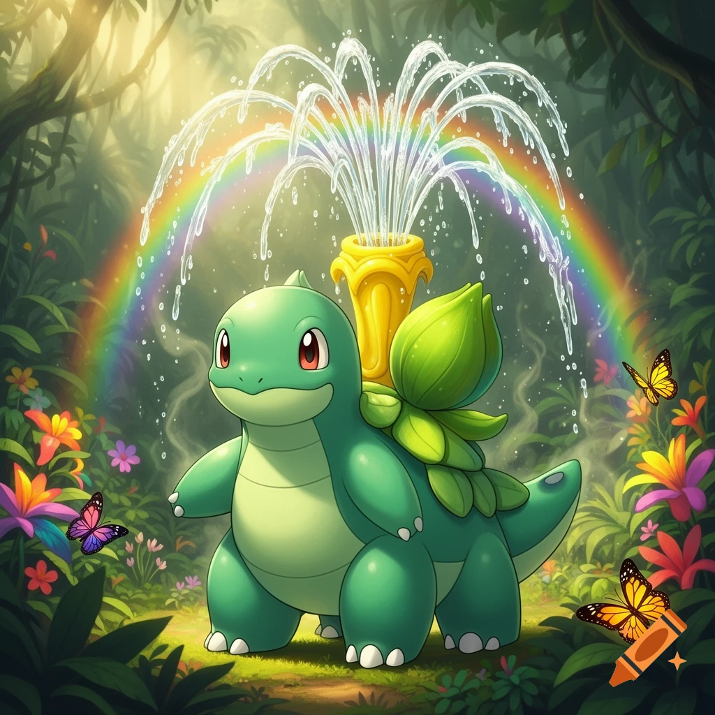 A green turtle-like creature with a golden fountain on its back stands in a lush, colorful jungle with a rainbow and butterflies.