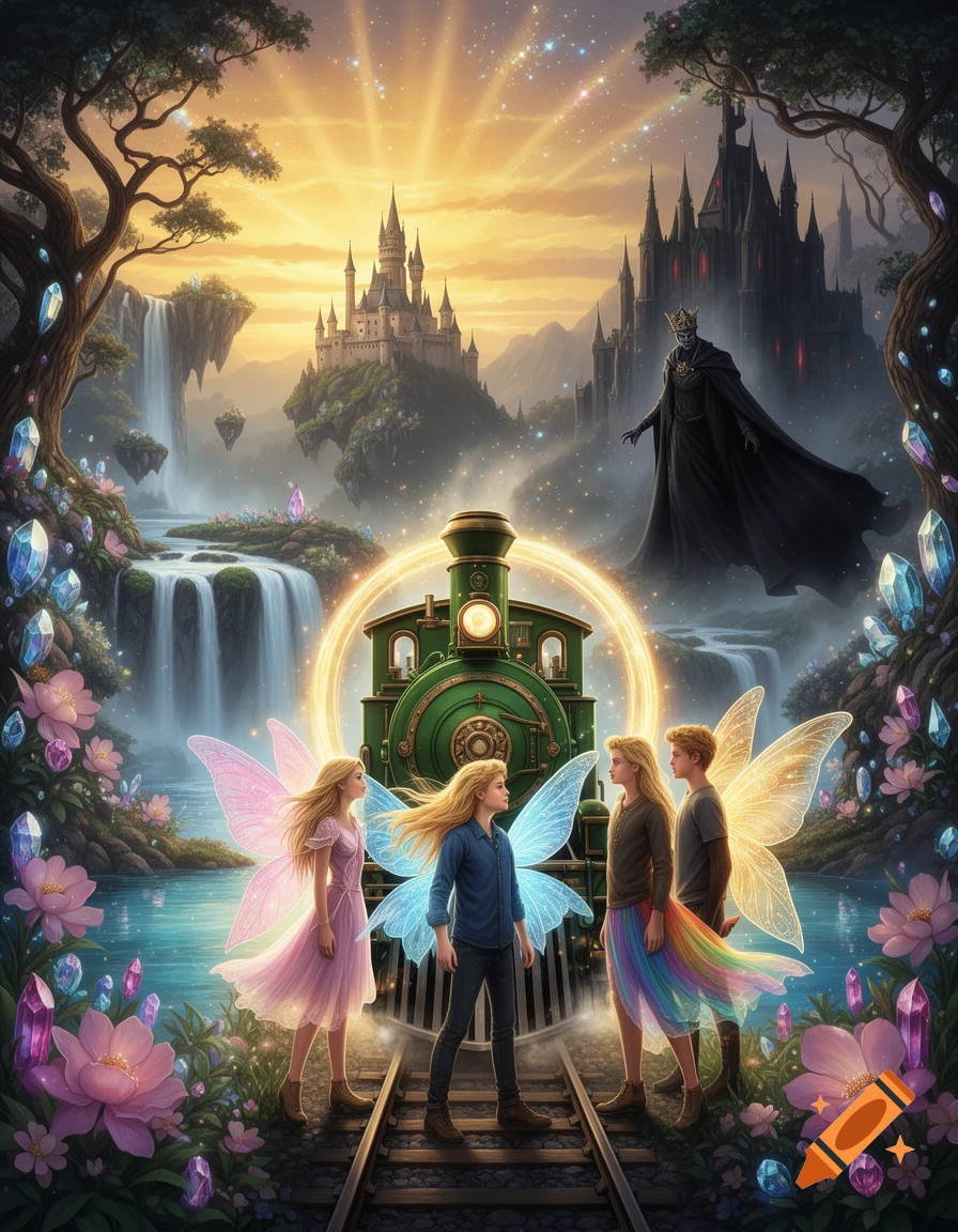 Four blonde fairies stand on train tracks before a glowing green steam train in a magical fantasy world with castles, waterfalls, and an ominous dark figure.