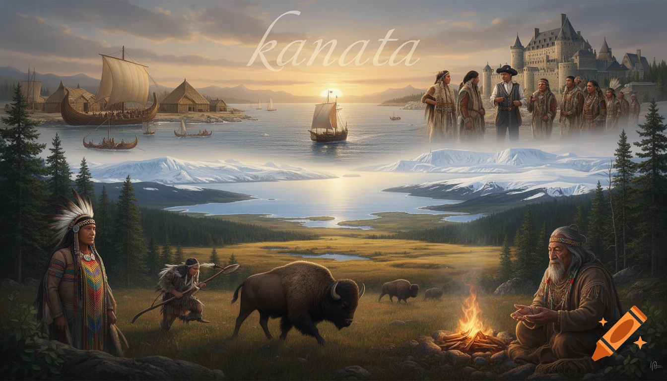 A historical montage depicting indigenous people, bison, Viking ships, European settlers, and a castle amidst diverse Canadian landscapes with 'kanata' in the sky.