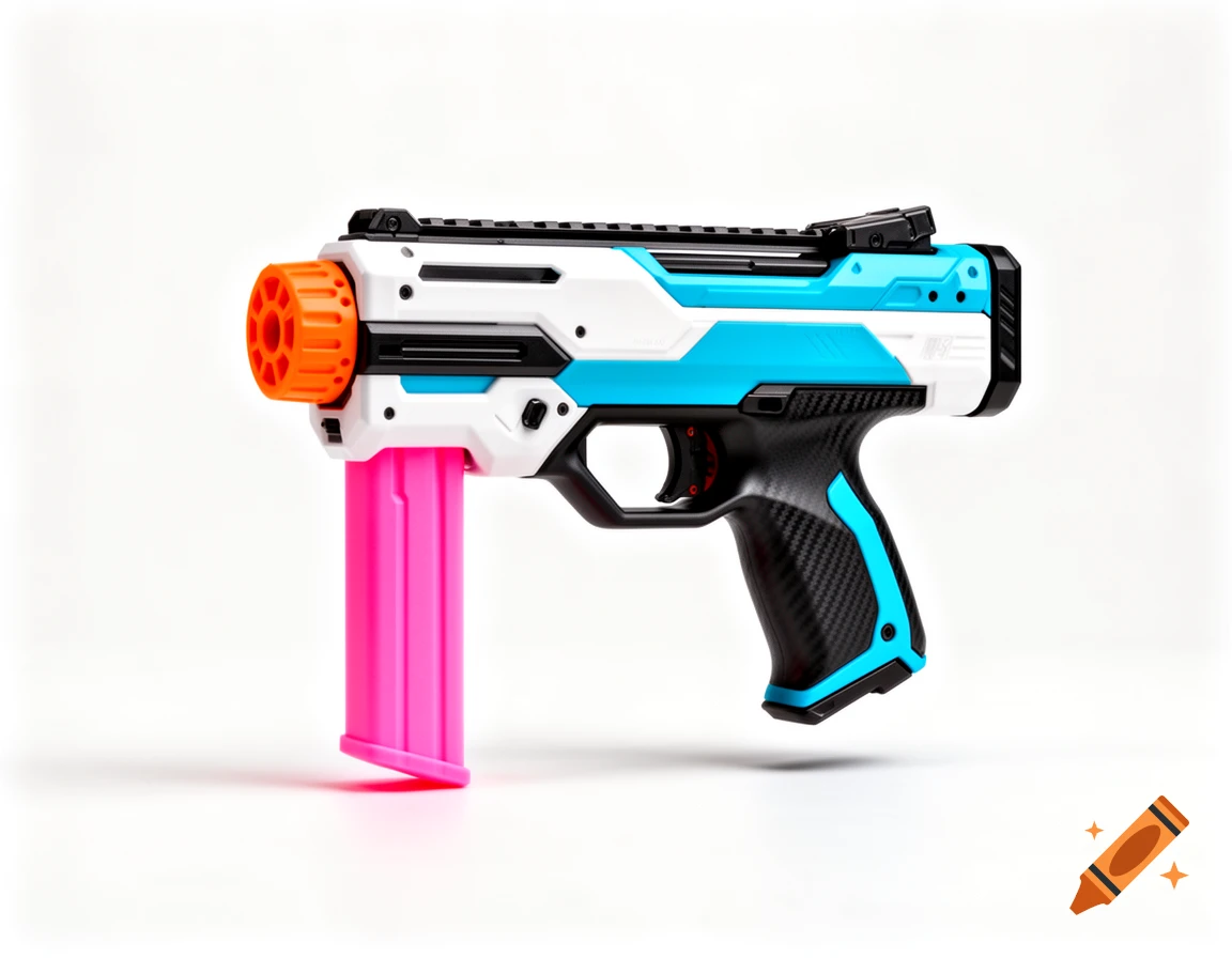 Futuristic foam-dart blaster in white, cyan, and black with an orange muzzle and neon pink magazine on white background.
