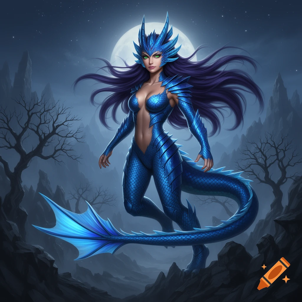 A female dragon hybrid character in a blue scaled suit with purple hair and green eyes stands in a dark, rocky landscape under a full moon.
