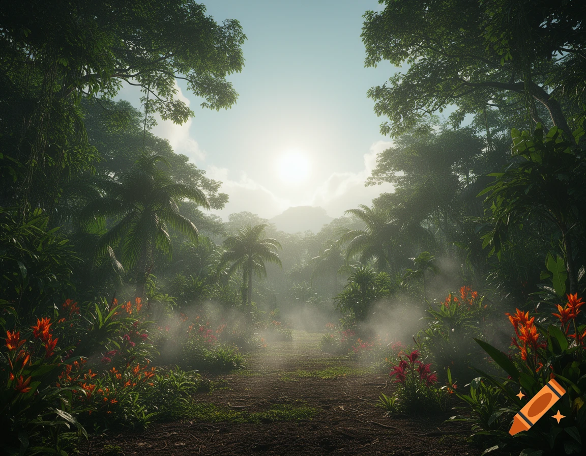 A lush, misty jungle path bathed in sunlight, surrounded by dense green foliage and vibrant orange and red flowers.