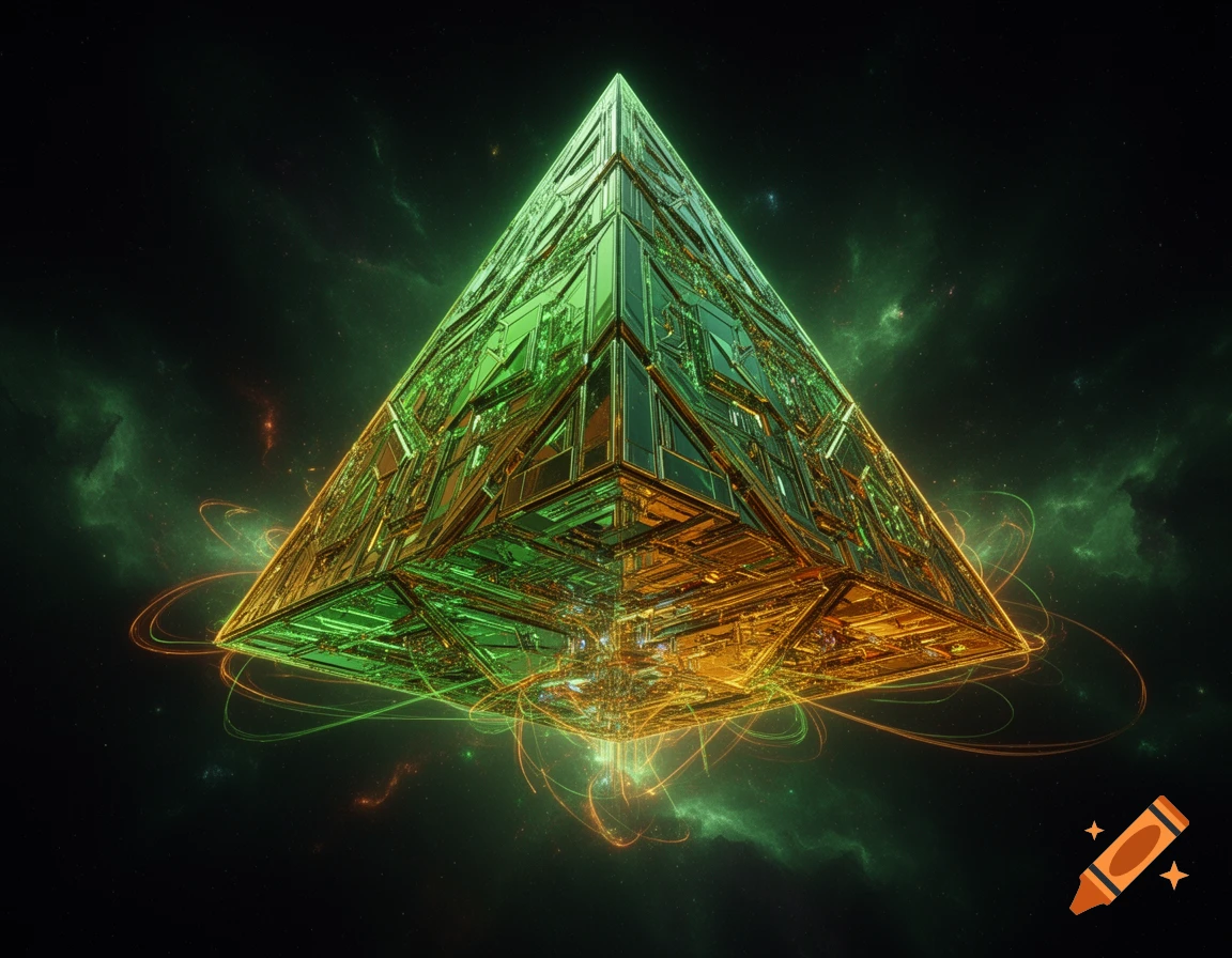An intricate, glowing neon green and amber pyramid-shaped construct floats in dark space with green nebulae and energy.