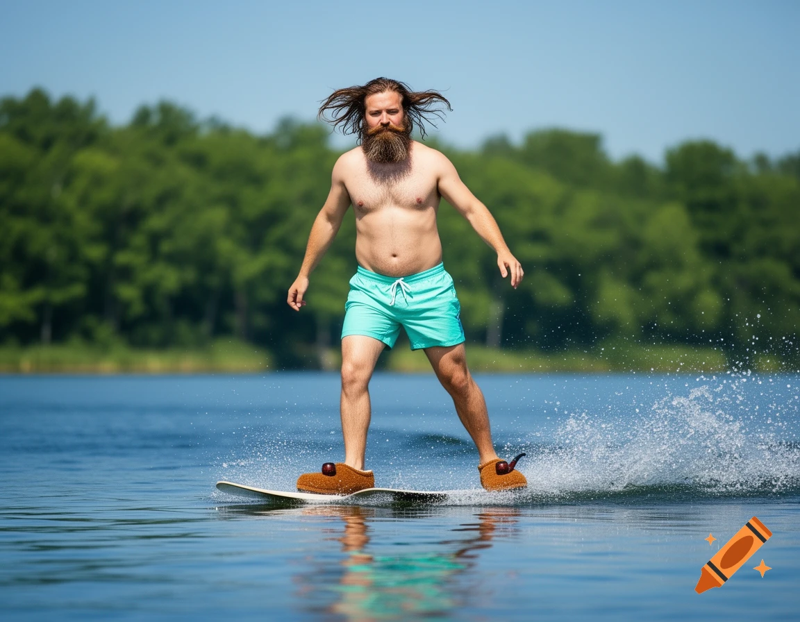 A bearded man in teal swim trunks and brown pipe slippers water skis on a calm blue lake, with green trees under a clear sky.