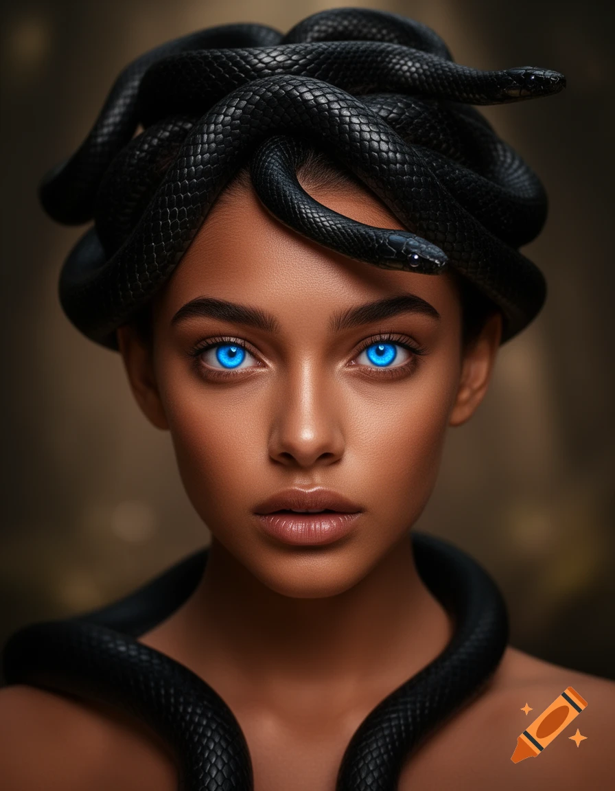 A photorealistic portrait of a young woman with bronze skin, glowing blue eyes, and black snakes for hair.