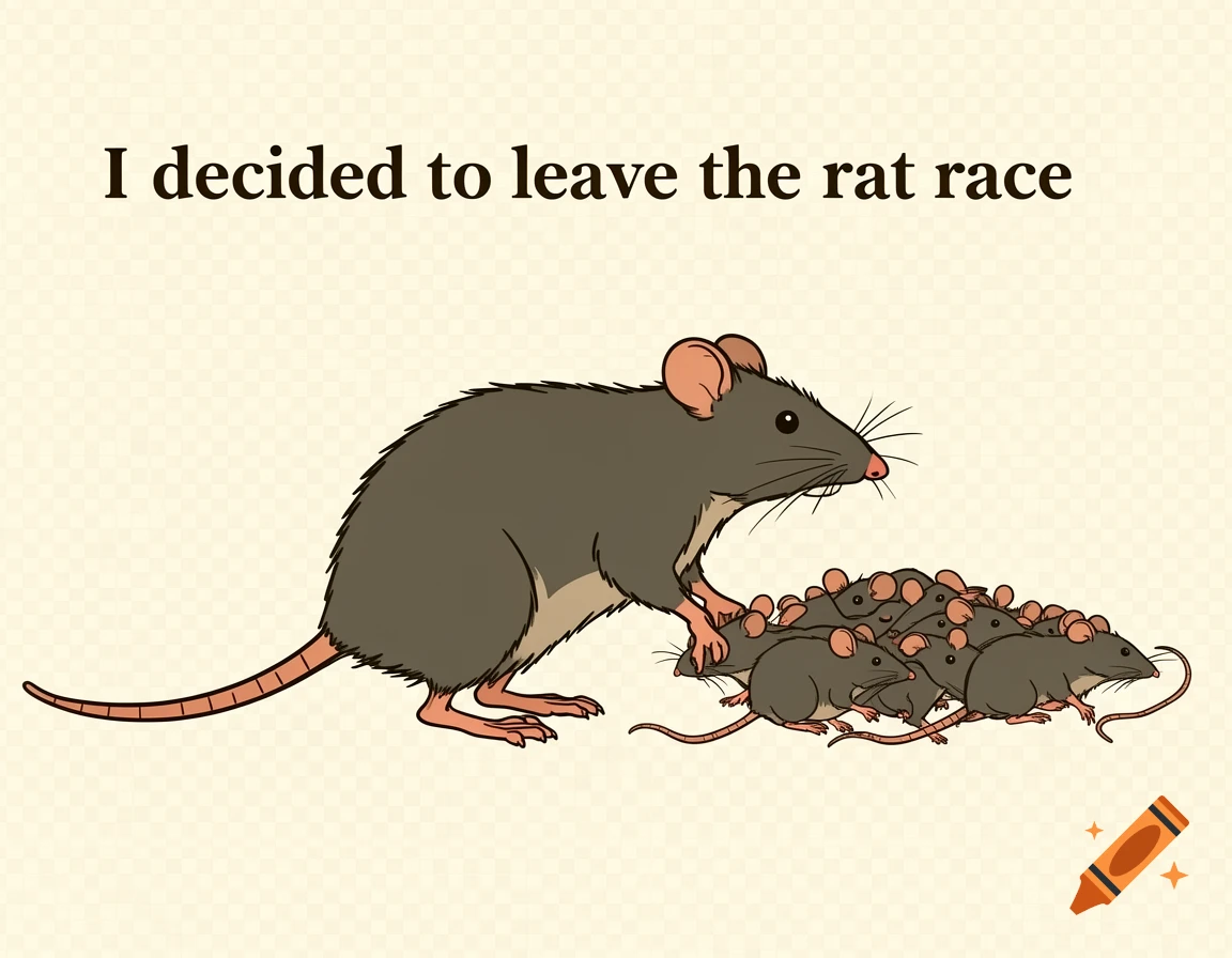 A large brown rat stands next to a pile of smaller rats, with the text 'I decided to leave the rat race' above them, in a clean vector art style.