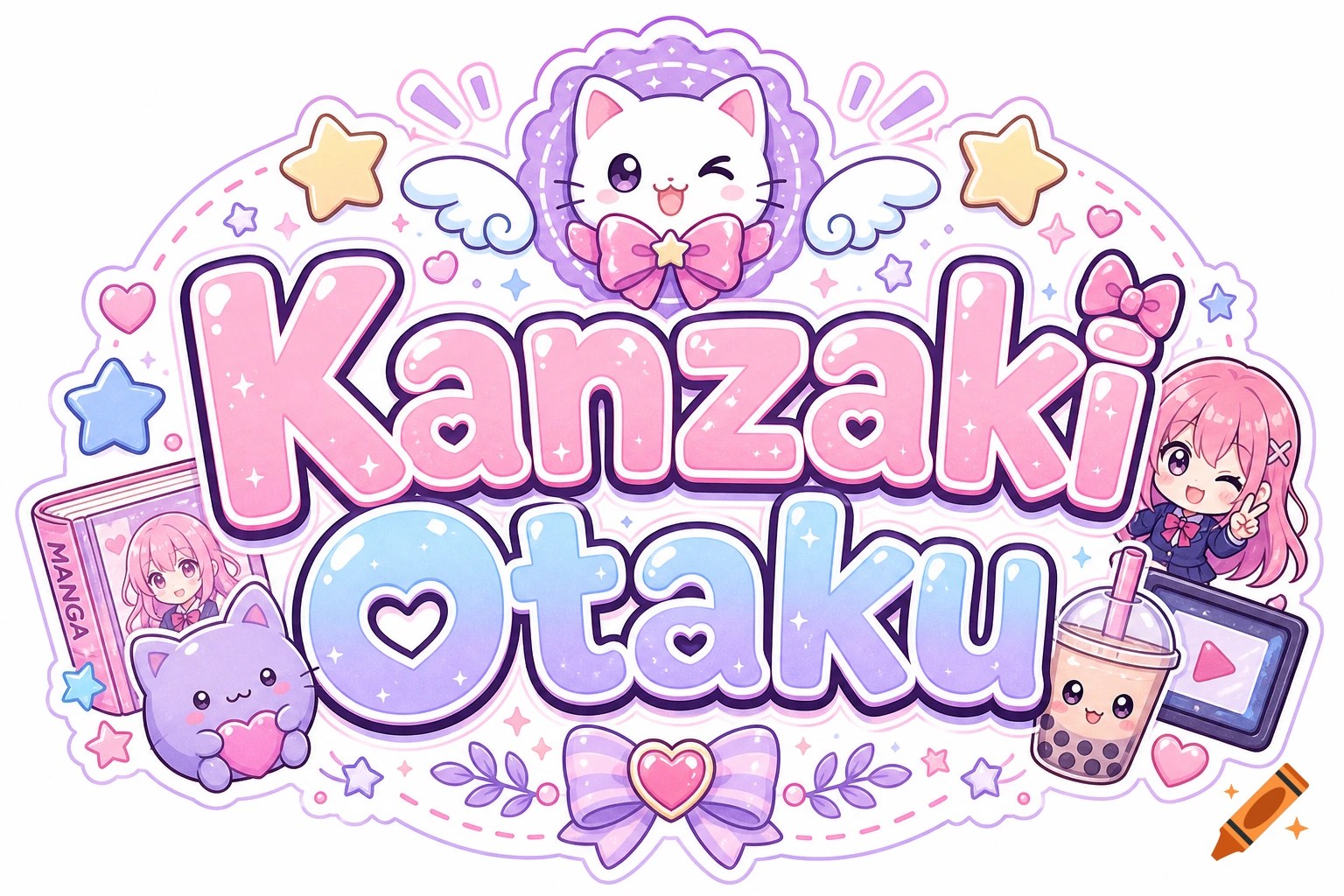 A colorful anime-style logo featuring 'Kanzaki Otaku' text, a winking cat, a chibi girl, a manga book, and boba tea.
