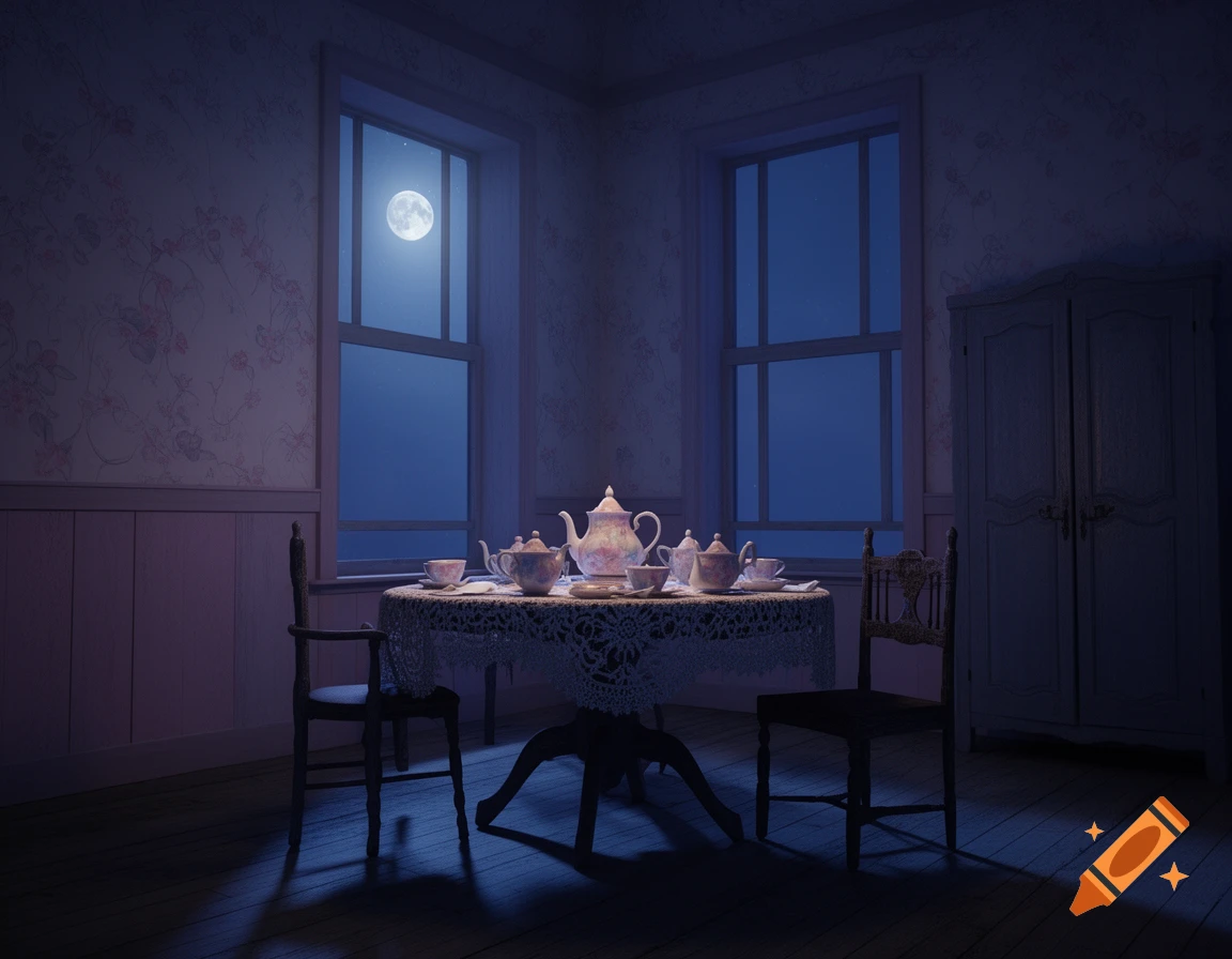 A dimly lit room at night with a round table set for a tea party, a porcelain tea set on a lace tablecloth, illuminated by moonlight through a window.
