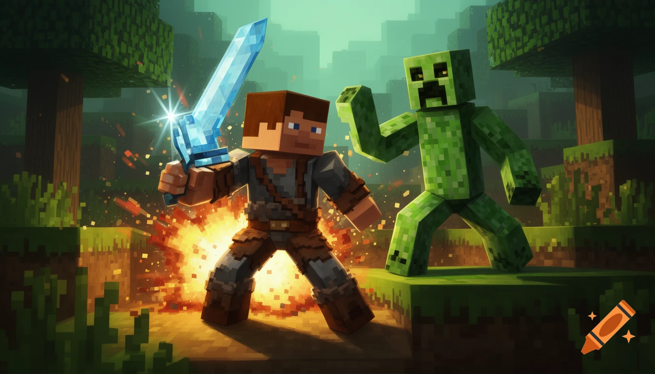 Minecraft style image of Steve with a diamond sword facing a green Creeper amid an explosion in a blocky forest.