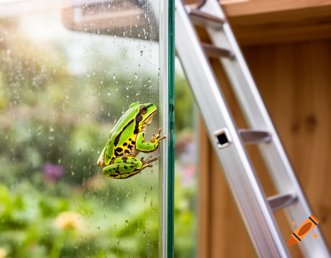 A vibrant green tree frog with black and yellow spots clings to a wet glass surface with a blurred ladder and greenery behind it.