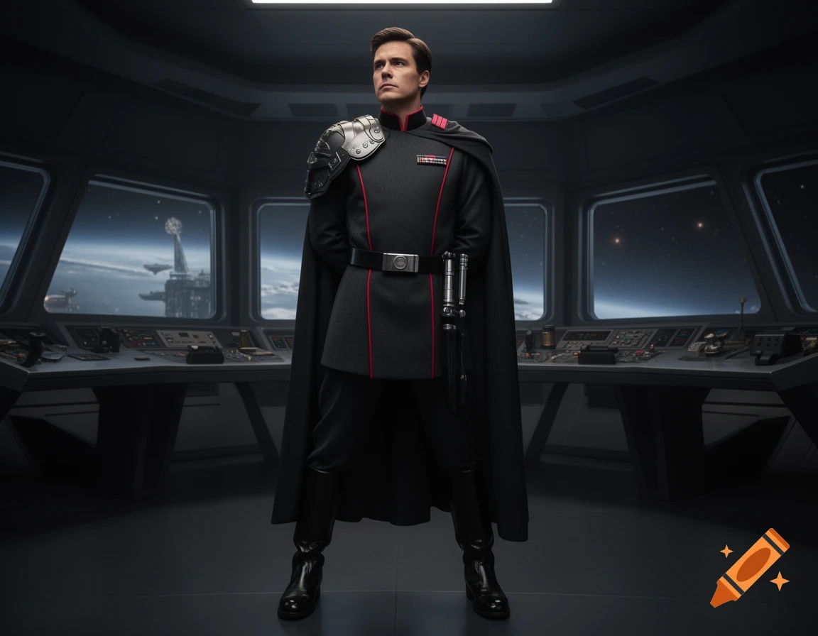 A man in a charcoal black Imperial admiral's uniform with crimson piping stands on a spaceship bridge, gazing at a distant planet.