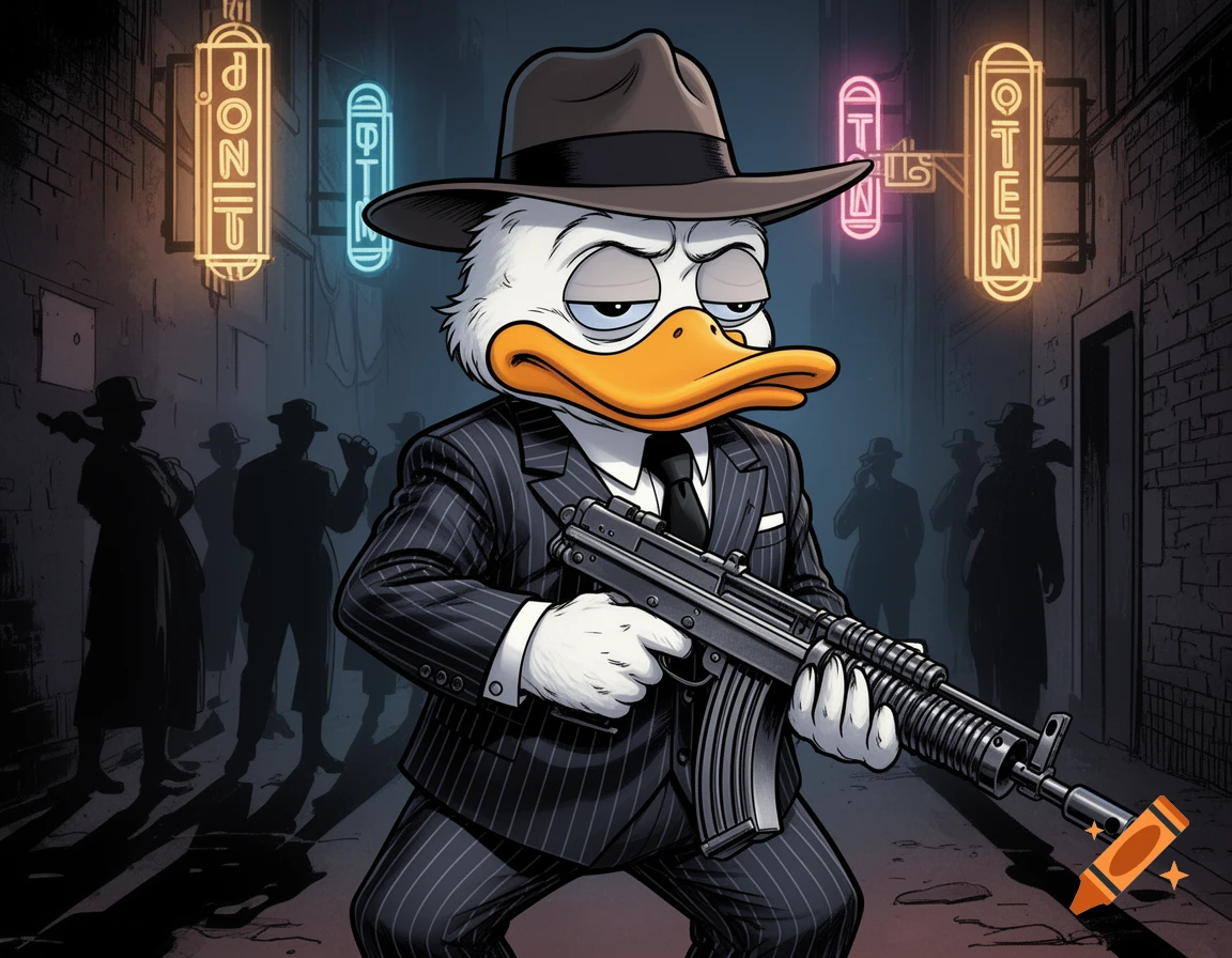 A tired-looking cartoon duck gangster in a pinstripe suit and fedora holds a submachine gun in a dark alley with neon signs.