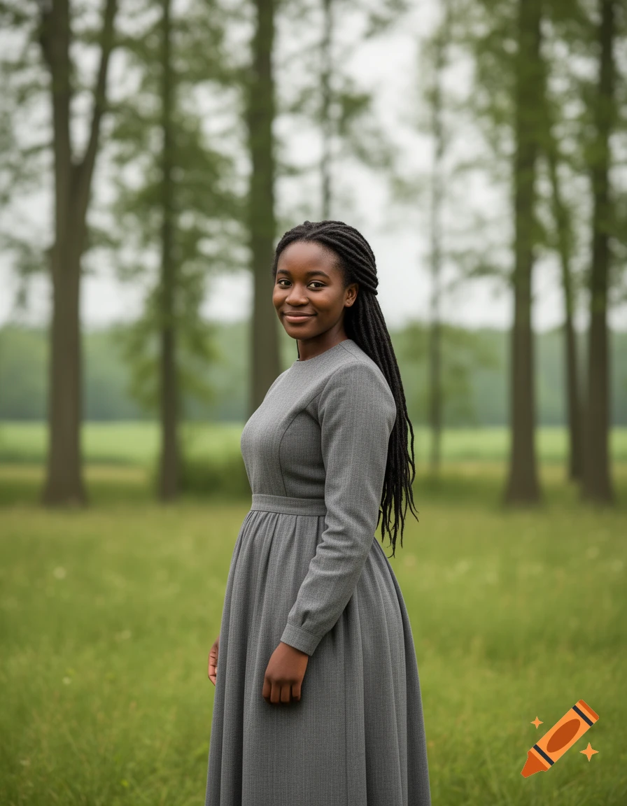 A smiling young African American woman with long dreadlocks wears a modest gray dress, standing in a grassy field with trees.