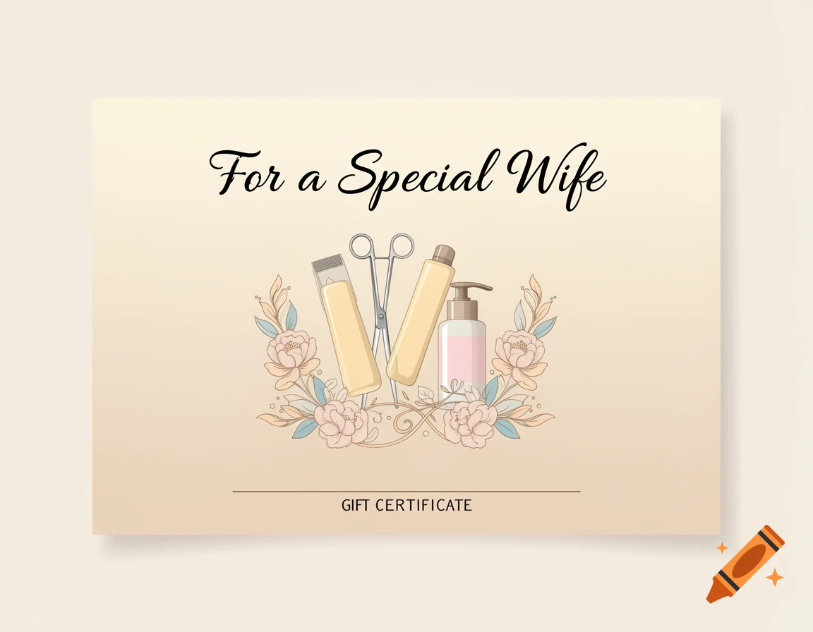 A gift certificate with the text "For a Special Wife" and "GIFT CERTIFICATE", featuring beauty salon tools and floral decorations.