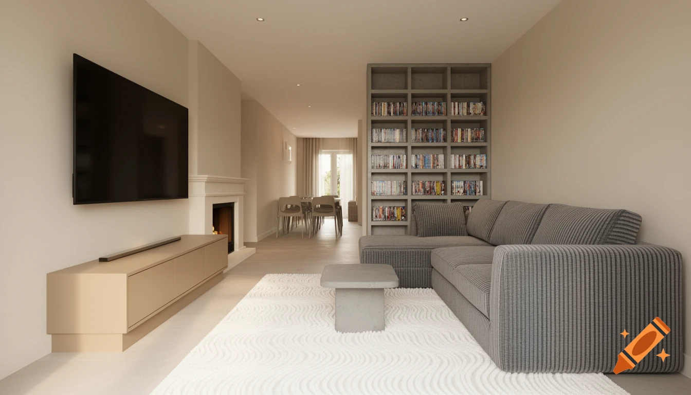 A modern living room with a gray sectional sofa, white rug, concrete coffee table, fireplace, TV, and a bookshelf.