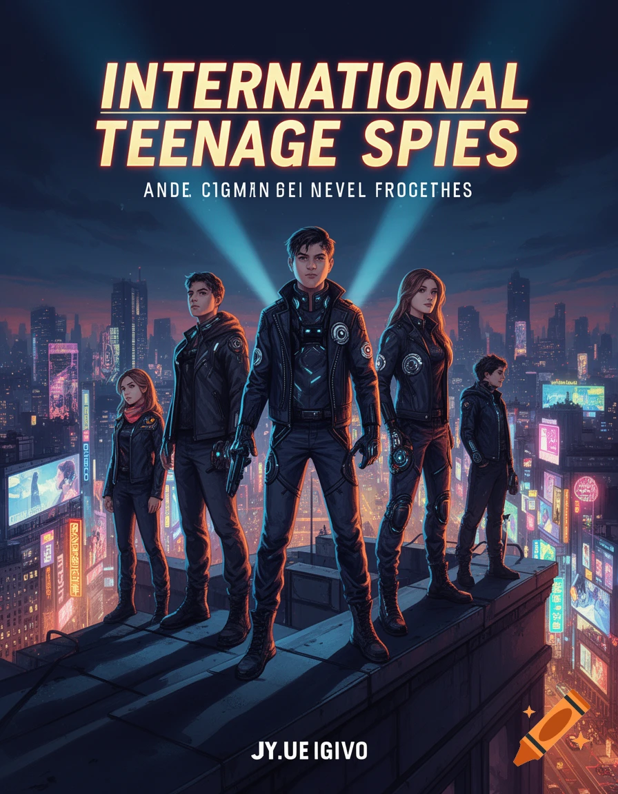 Five teenage spies in black outfits stand dramatically on a high rooftop overlooking a neon-lit futuristic city at night, in a graphic novel style.