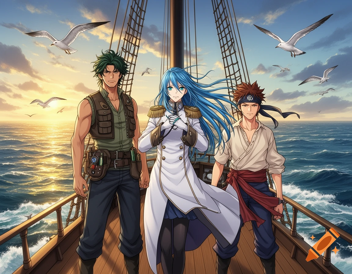 Three anime characters, a woman and two men, stand on a sailing ship at sea during sunset with seagulls flying.