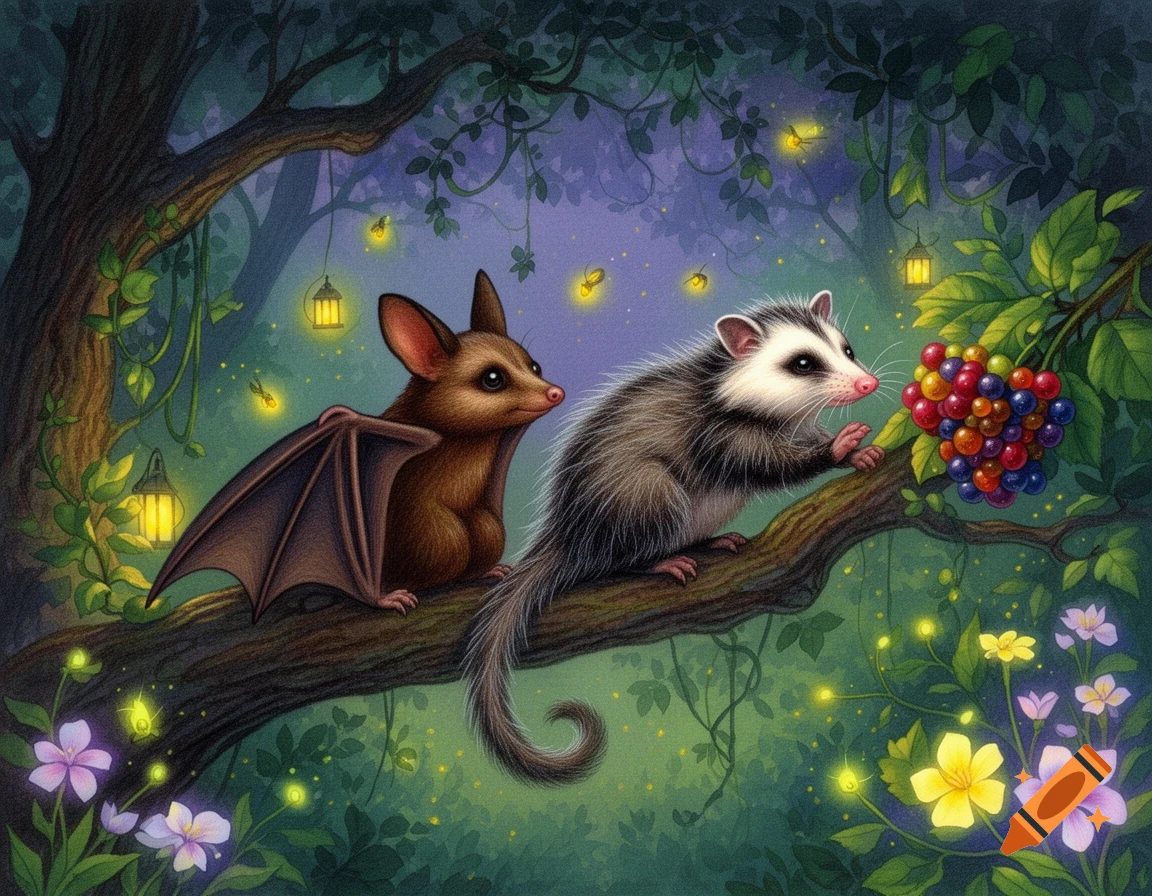 Storybook illustration of a fruit bat and an opossum on a branch at night, surrounded by fireflies and colorful berries.
