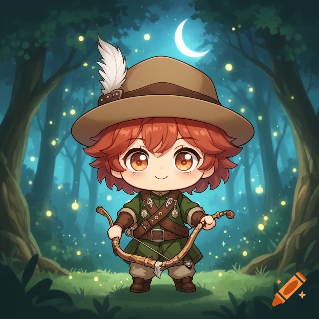 A cute chibi-style, red-haired archer in a hunter's hat holds a bow in an enchanted forest with fireflies under a crescent moon.