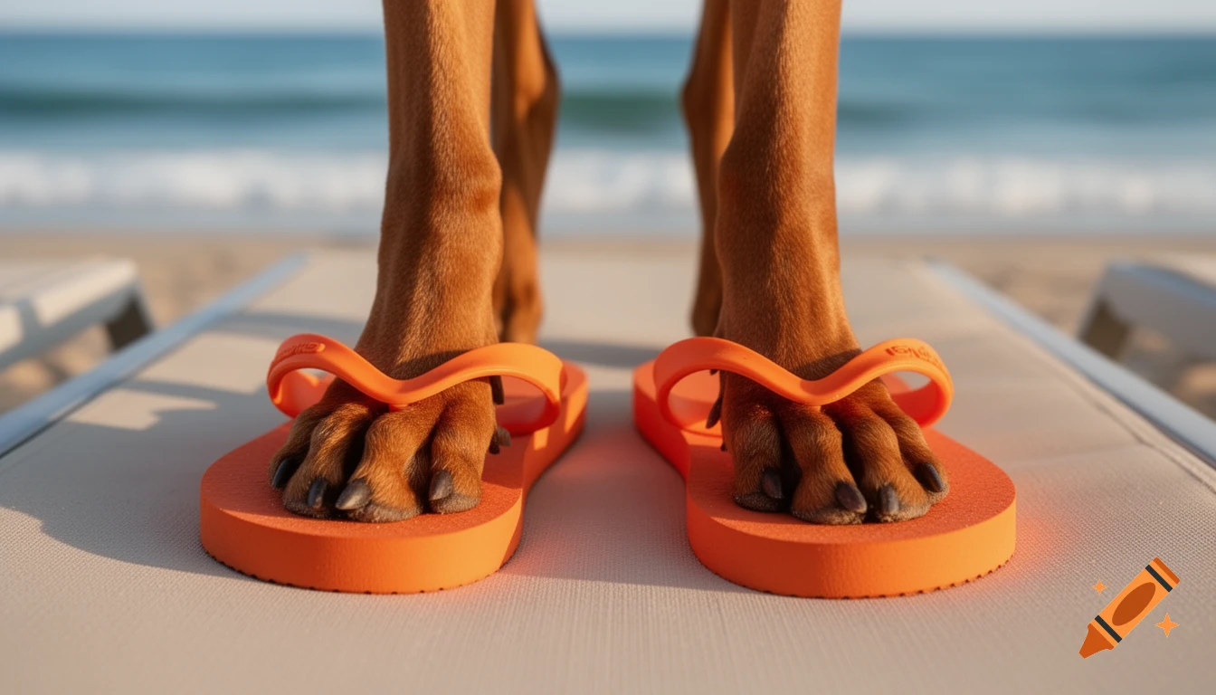 Close-up of a brown dog's paws wearing orange flip-flops, sitting on a beach lounge chair with the ocean in the background.